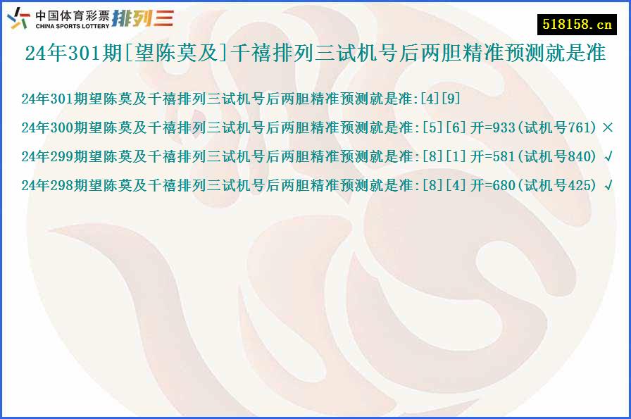 24年301期[望陈莫及]千禧排列三试机号后两胆精准预测就是准