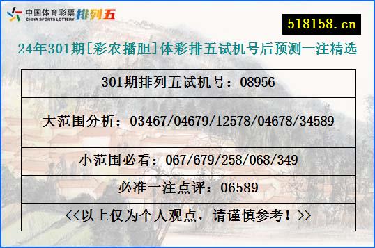 24年301期[彩农播胆]体彩排五试机号后预测一注精选