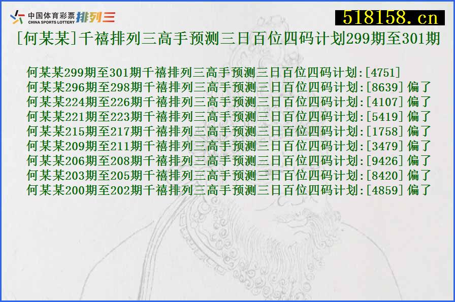 [何某某]千禧排列三高手预测三日百位四码计划299期至301期