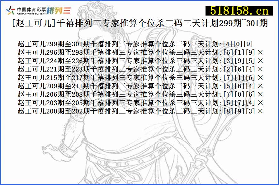 [赵王可儿]千禧排列三专家推算个位杀三码三天计划299期~301期