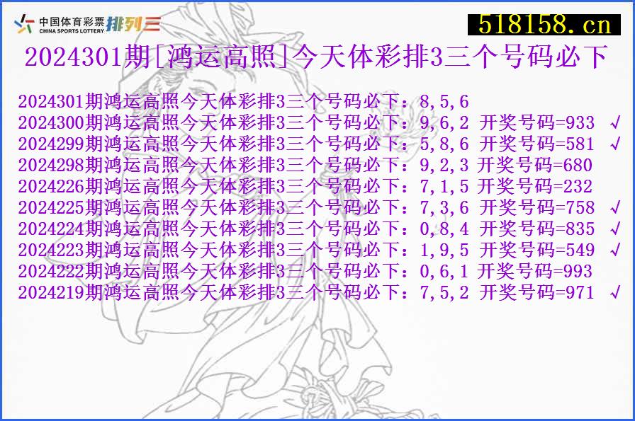 2024301期[鸿运高照]今天体彩排3三个号码必下