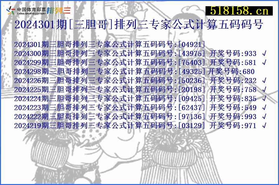 2024301期[三胆哥]排列三专家公式计算五码码号