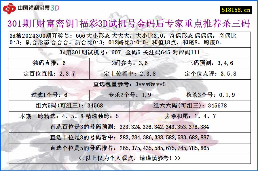 301期[财富密钥]福彩3D试机号金码后专家重点推荐杀三码