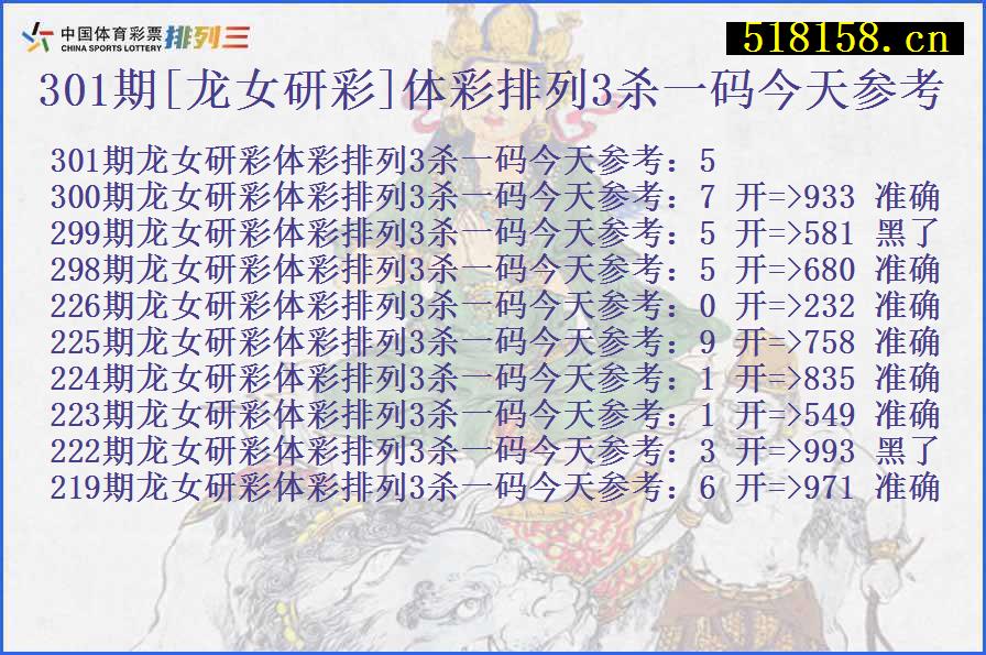 301期[龙女研彩]体彩排列3杀一码今天参考