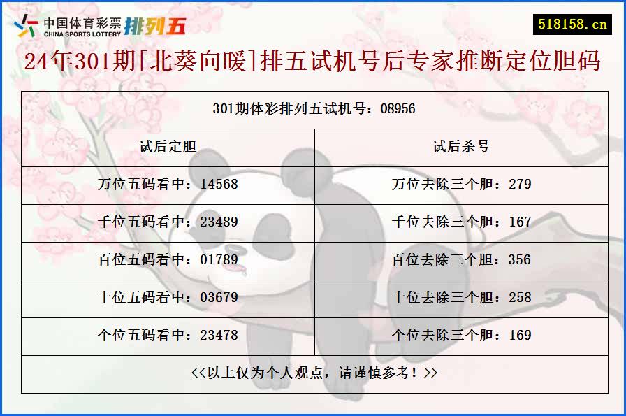 24年301期[北葵向暖]排五试机号后专家推断定位胆码