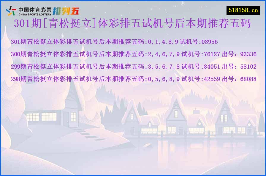 301期[青松挺立]体彩排五试机号后本期推荐五码