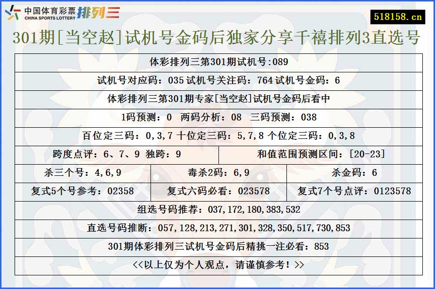 301期[当空赵]试机号金码后独家分享千禧排列3直选号