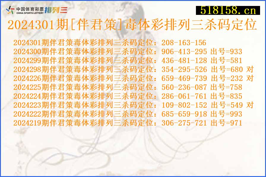 2024301期[伴君策]毒体彩排列三杀码定位