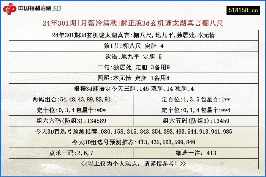 24年301期[月落冷清秋]解正版3d玄机谜太湖真言棚八尺