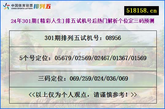 24年301期[精彩人生]排五试机号后热门解析个位定三码预测