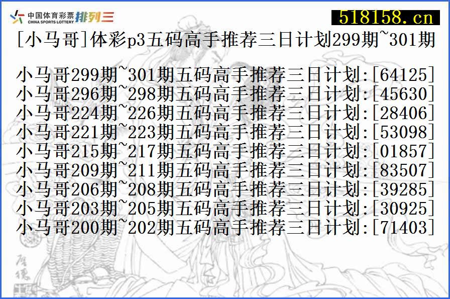 [小马哥]体彩p3五码高手推荐三日计划299期~301期