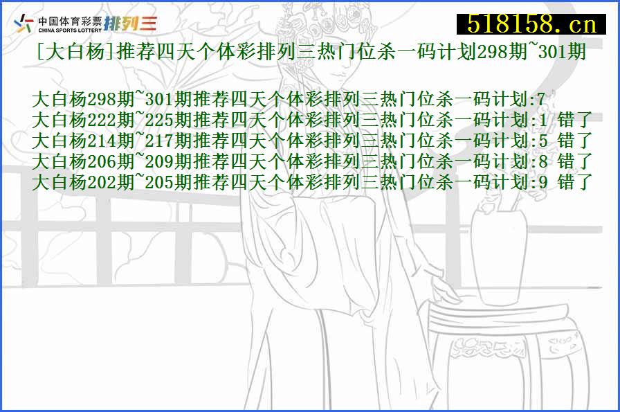 [大白杨]推荐四天个体彩排列三热门位杀一码计划298期~301期