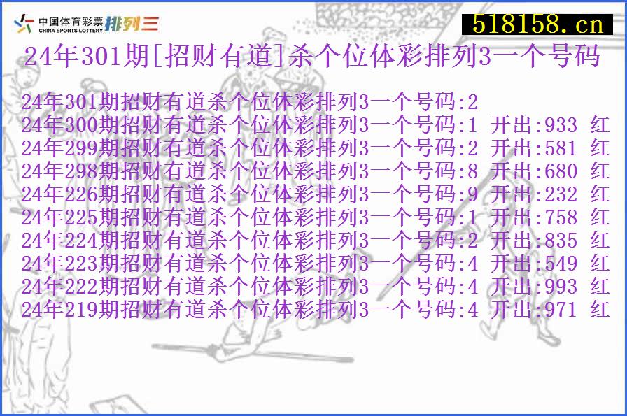 24年301期[招财有道]杀个位体彩排列3一个号码