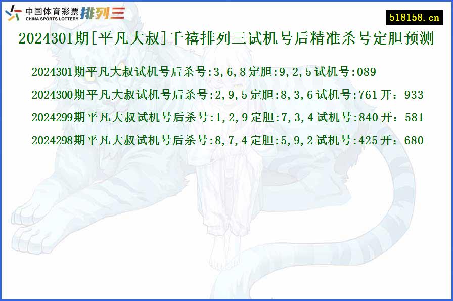 2024301期[平凡大叔]千禧排列三试机号后精准杀号定胆预测