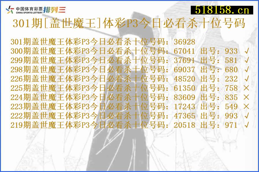 301期[盖世魔王]体彩P3今日必看杀十位号码