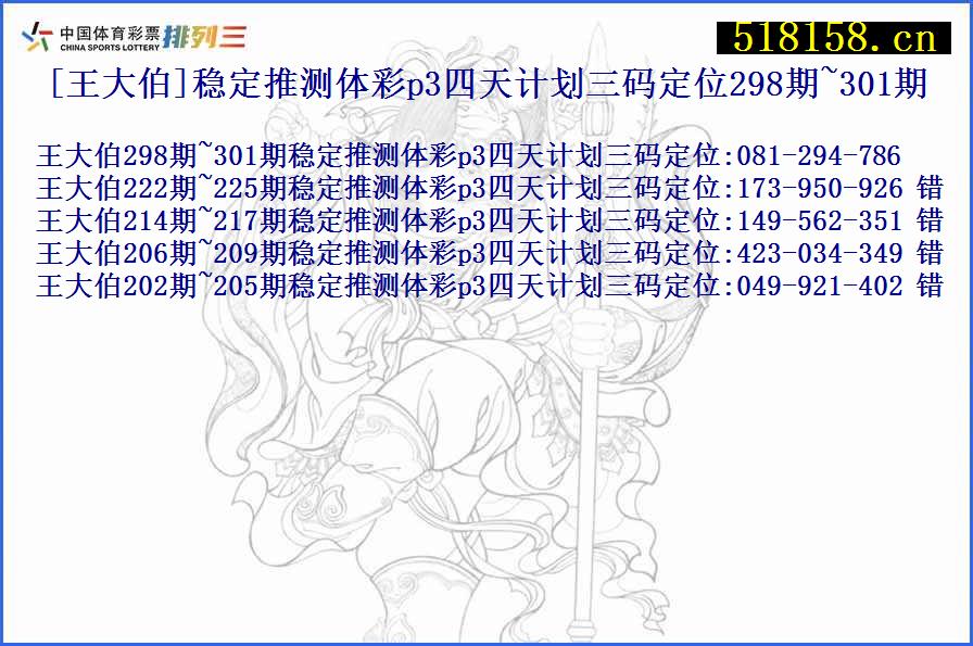 [王大伯]稳定推测体彩p3四天计划三码定位298期~301期