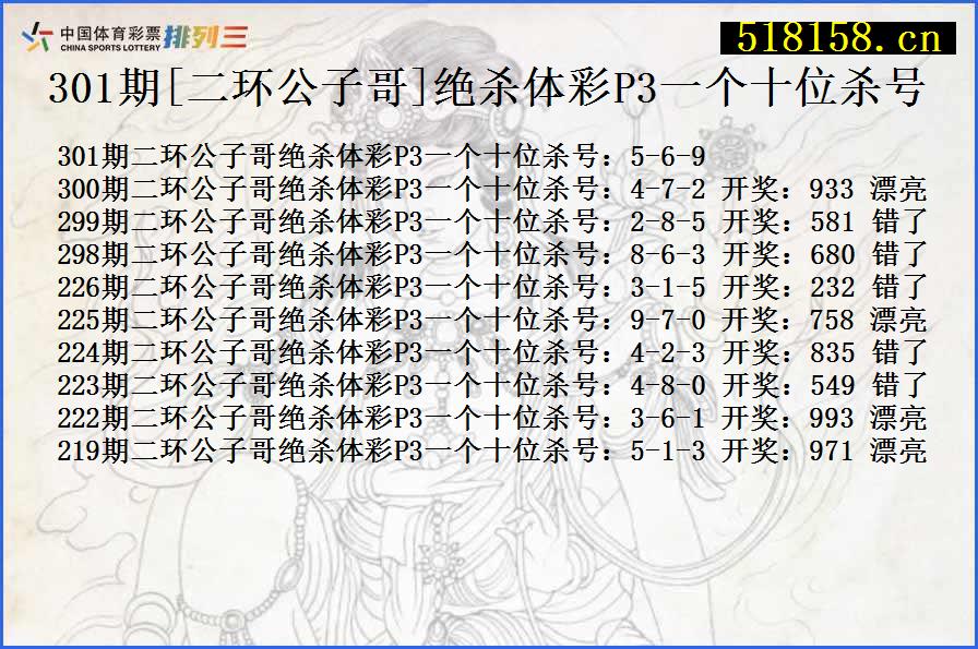 301期[二环公子哥]绝杀体彩P3一个十位杀号