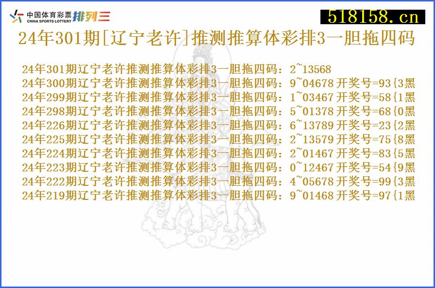 24年301期[辽宁老许]推测推算体彩排3一胆拖四码