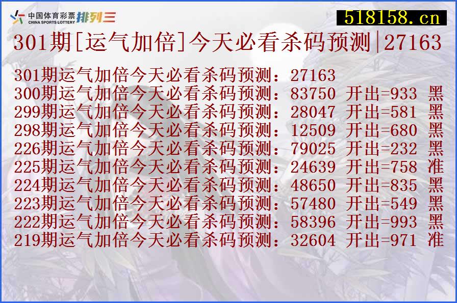 301期[运气加倍]今天必看杀码预测|27163