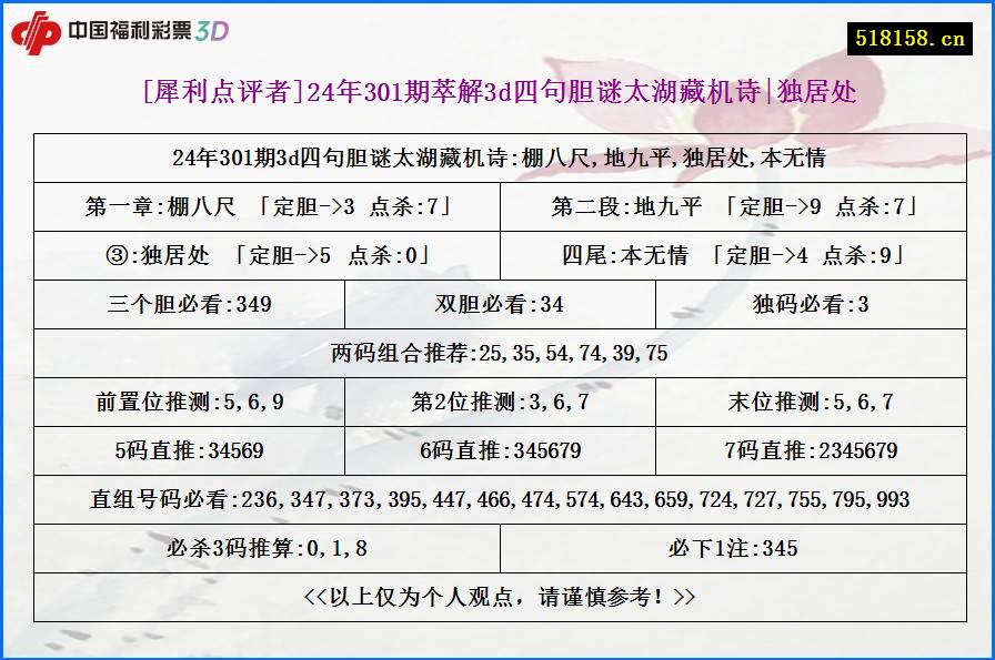 [犀利点评者]24年301期萃解3d四句胆谜太湖藏机诗|独居处