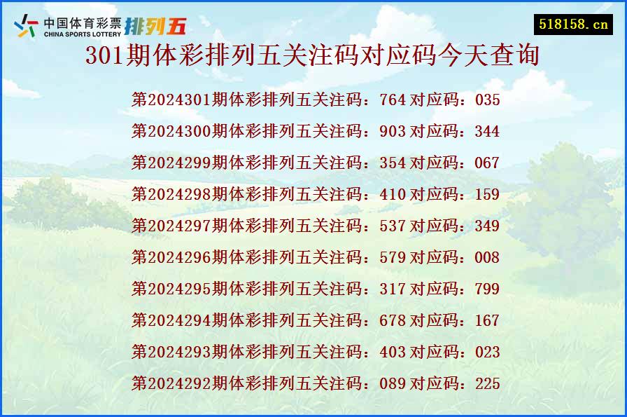 301期体彩排列五关注码对应码今天查询