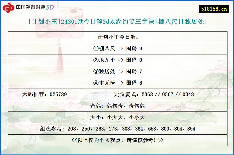 [计划小王]24301期今日解3d太湖钓叟三字诀[棚八尺][独居处]