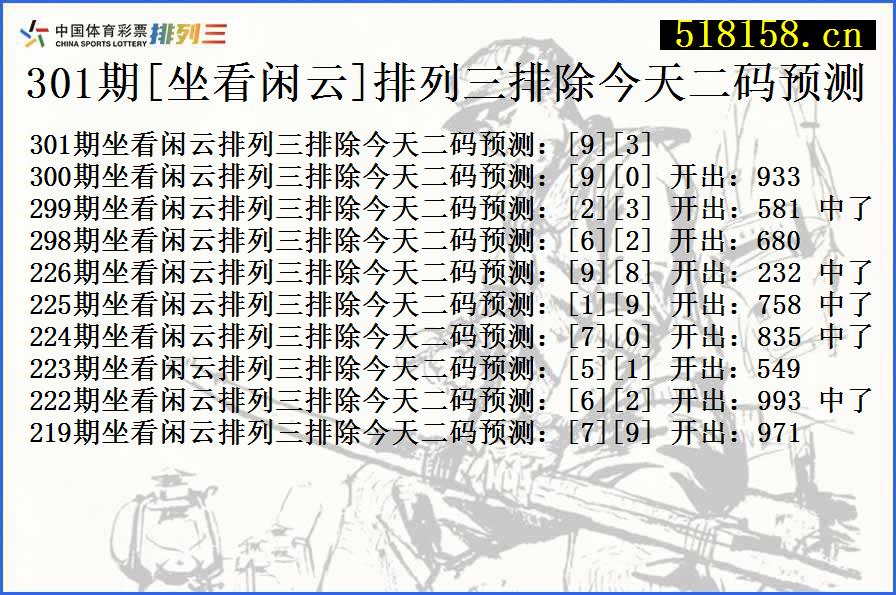 301期[坐看闲云]排列三排除今天二码预测