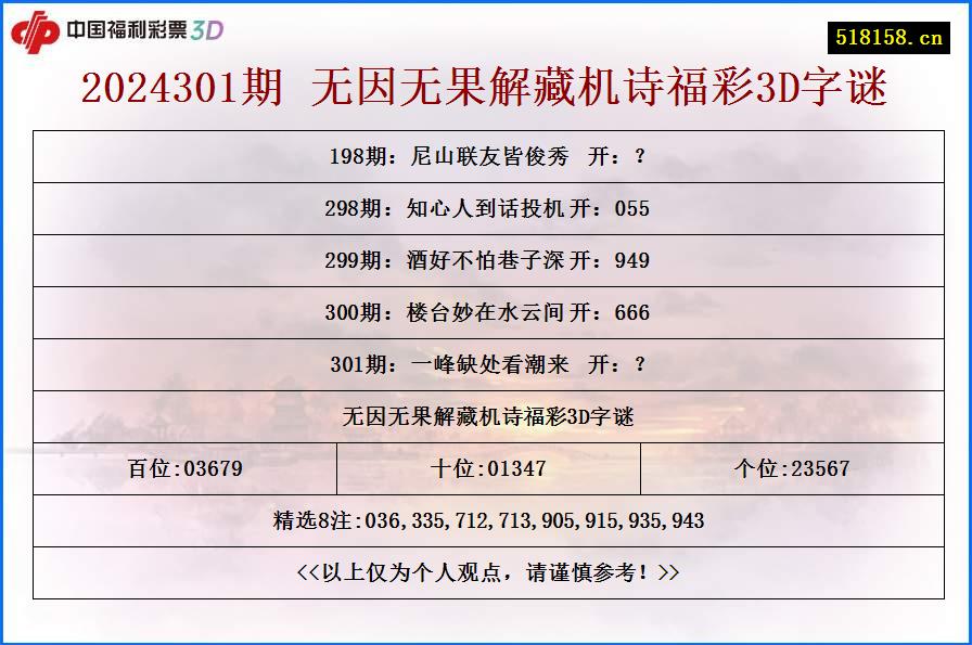 2024301期 无因无果解藏机诗福彩3D字谜