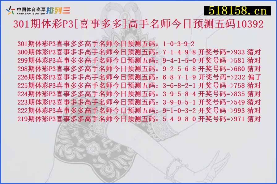 301期体彩P3[喜事多多]高手名师今日预测五码10392