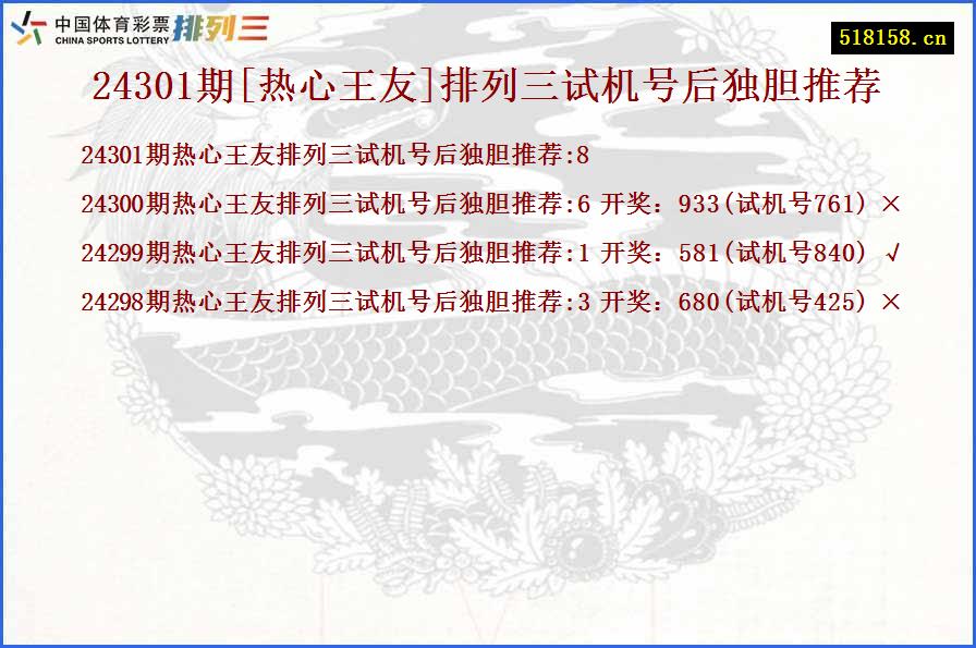 24301期[热心王友]排列三试机号后独胆推荐