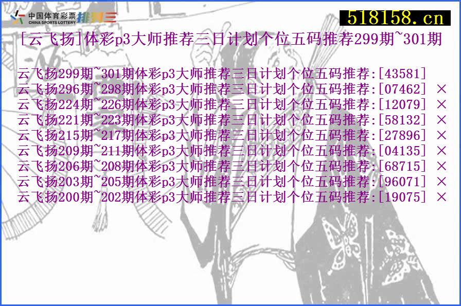 [云飞扬]体彩p3大师推荐三日计划个位五码推荐299期~301期