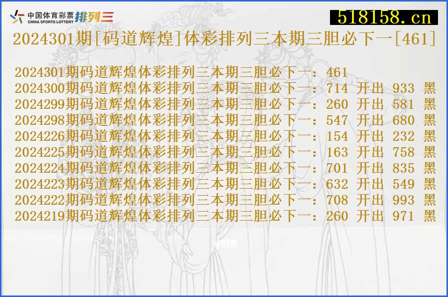 2024301期[码道辉煌]体彩排列三本期三胆必下一[461]