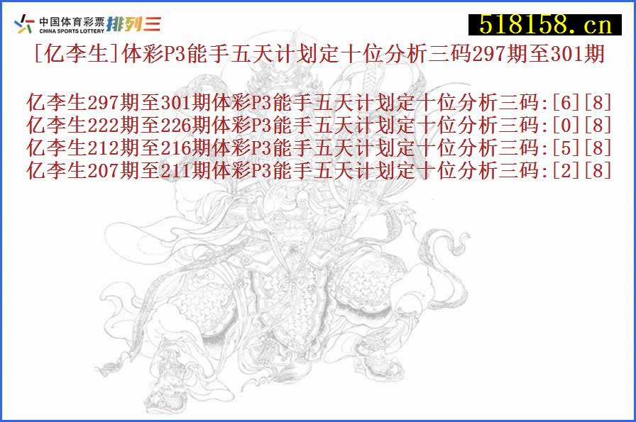 [亿李生]体彩P3能手五天计划定十位分析三码297期至301期