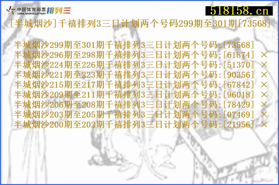 [半城烟沙]千禧排列3三日计划两个号码299期至301期[73568]