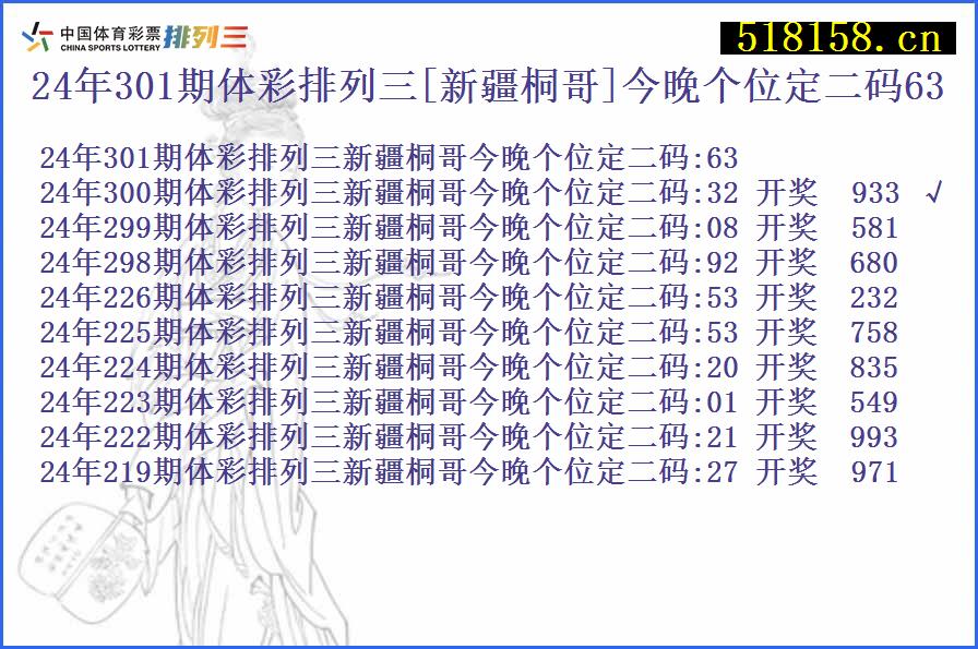 24年301期体彩排列三[新疆桐哥]今晚个位定二码63