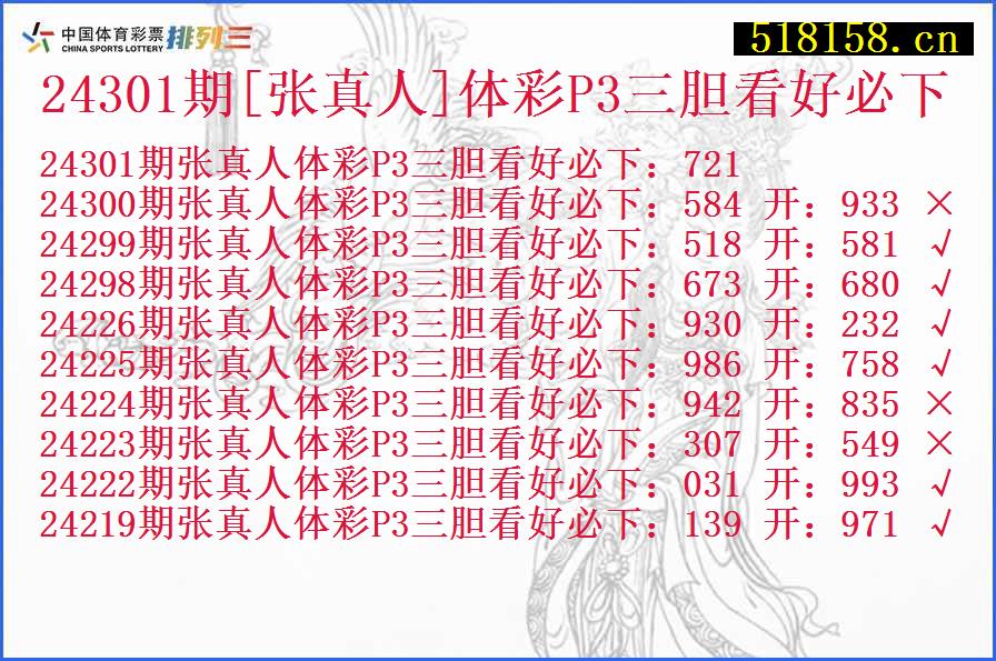 24301期[张真人]体彩P3三胆看好必下