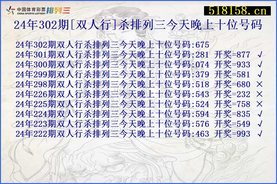 24年302期[双人行]杀排列三今天晚上十位号码