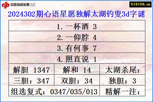 2024302期心语星愿独解太湖钓叟3d字谜