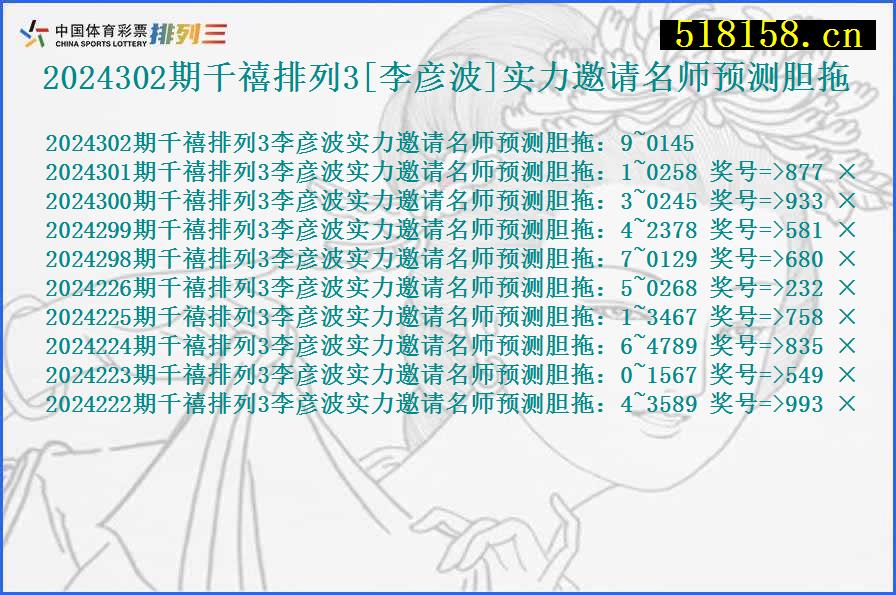 2024302期千禧排列3[李彦波]实力邀请名师预测胆拖