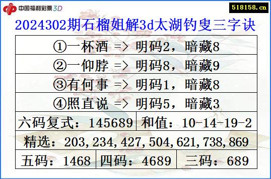 2024302期石榴姐解3d太湖钓叟三字诀