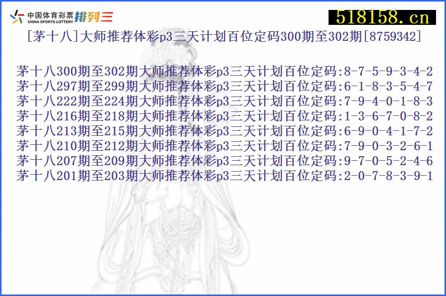 [茅十八]大师推荐体彩p3三天计划百位定码300期至302期[8759342]