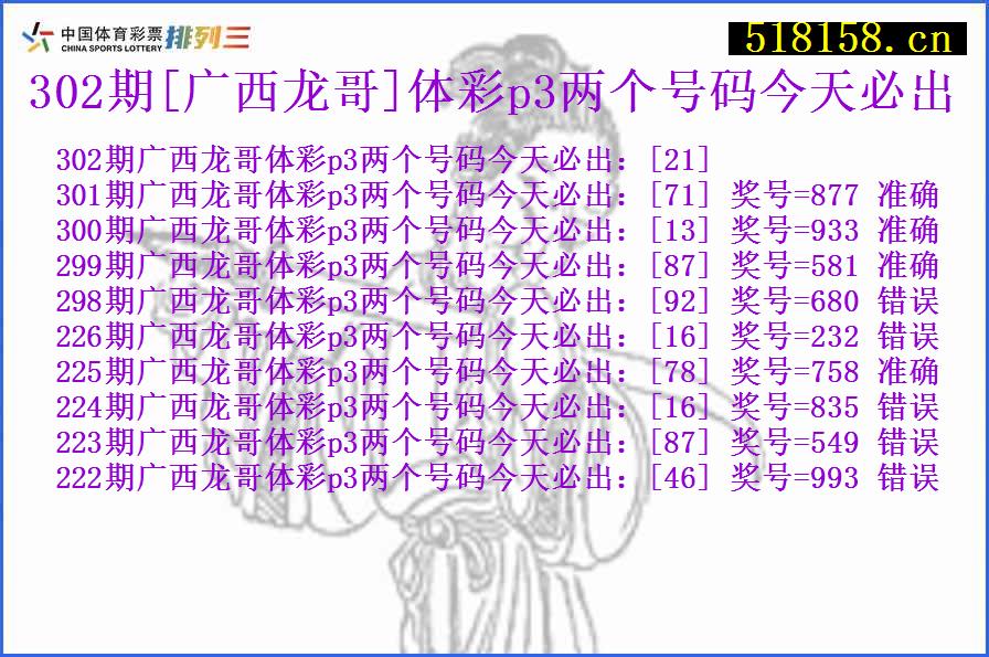 302期[广西龙哥]体彩p3两个号码今天必出