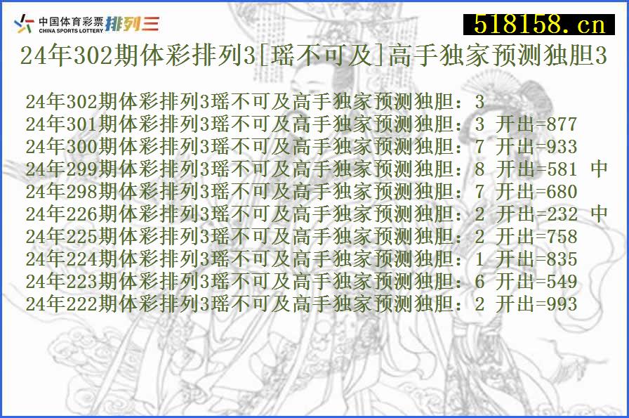 24年302期体彩排列3[瑶不可及]高手独家预测独胆3