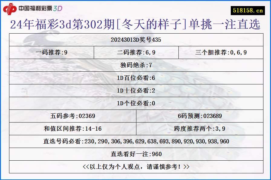 24年福彩3d第302期[冬天的样子]单挑一注直选