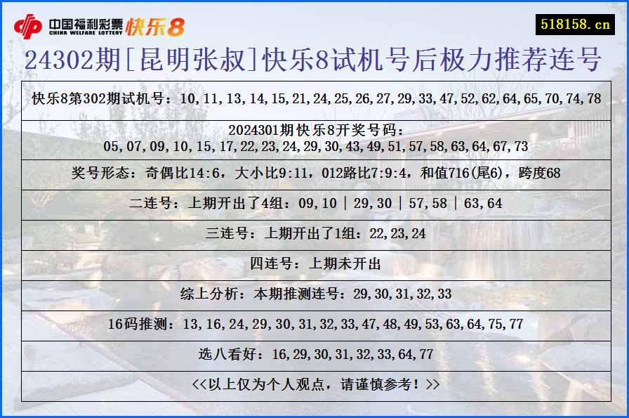 24302期[昆明张叔]快乐8试机号后极力推荐连号