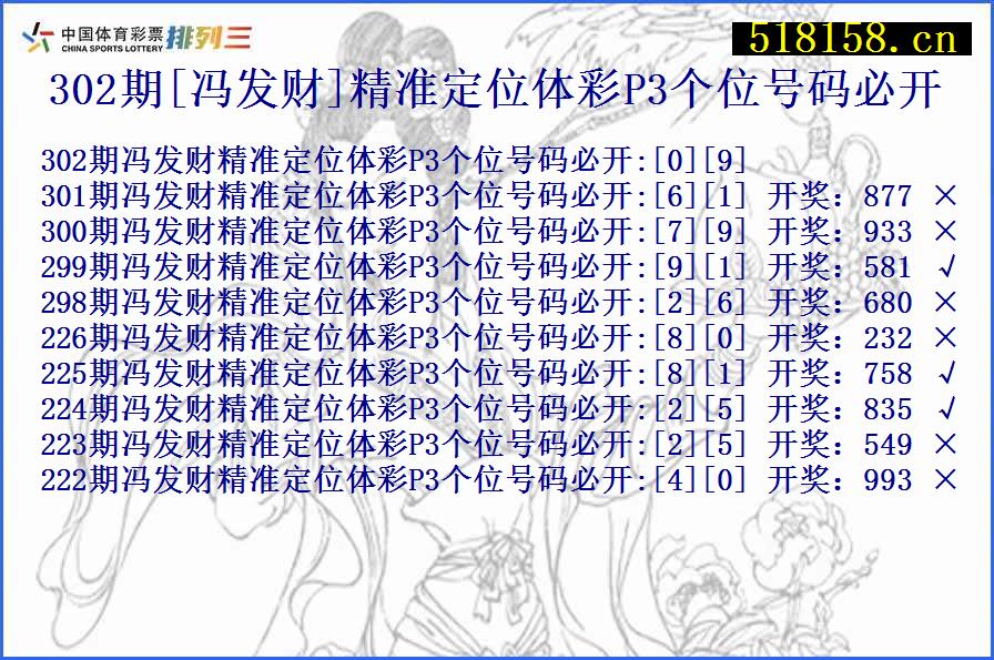 302期[冯发财]精准定位体彩P3个位号码必开