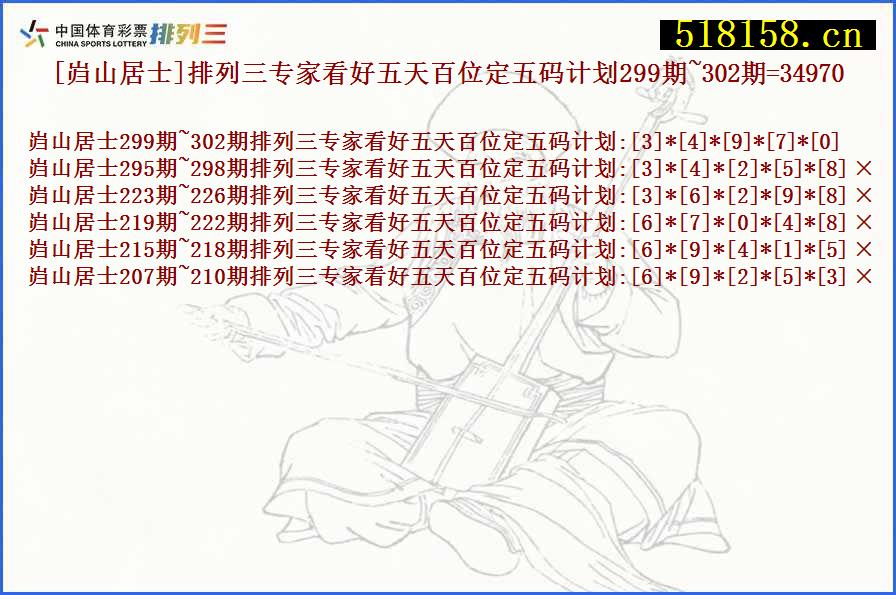 [岿山居士]排列三专家看好五天百位定五码计划299期~302期=34970