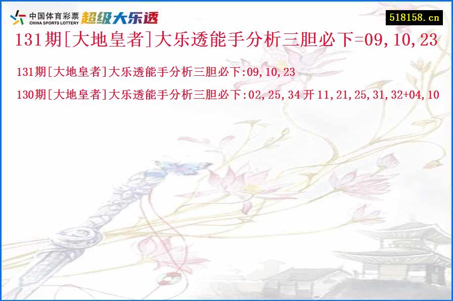 131期[大地皇者]大乐透能手分析三胆必下=09,10,23