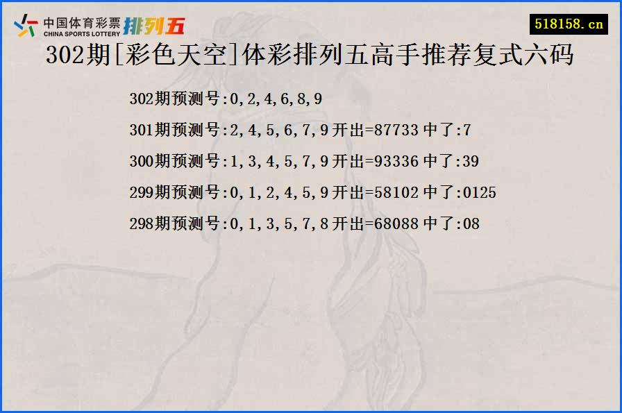 302期[彩色天空]体彩排列五高手推荐复式六码