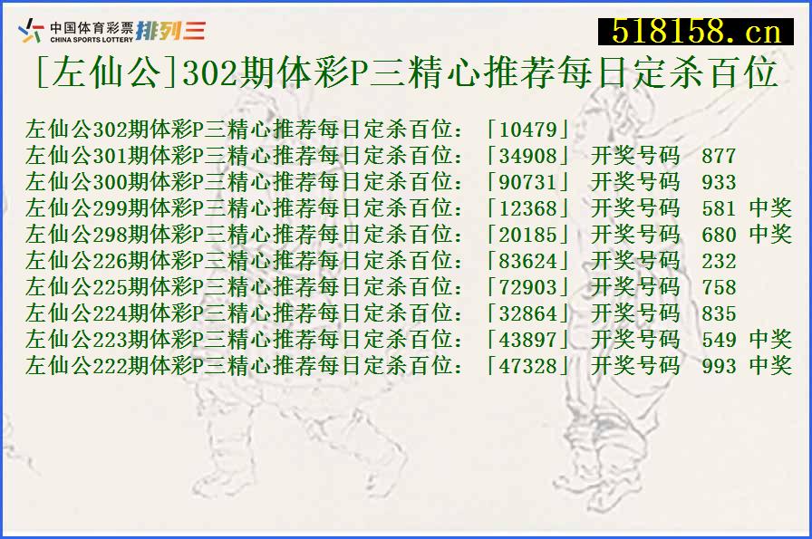 [左仙公]302期体彩P三精心推荐每日定杀百位